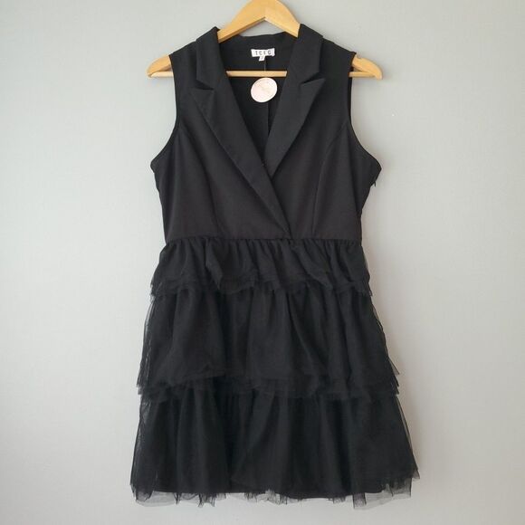 TCEC Black Sleeveless V Neck Layered Tulle Mini Dress Womens Large - Picture 1 of 8